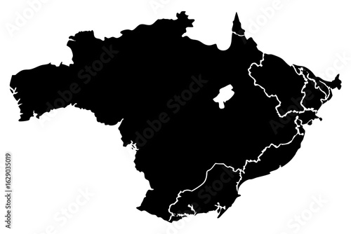Vector detailed black silhouette map of the northeast region of brazil with visible state borders shown