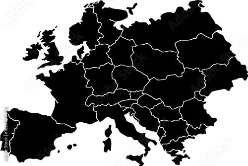 Vector black and white map of europe showing country borders and geographical locations of the continent