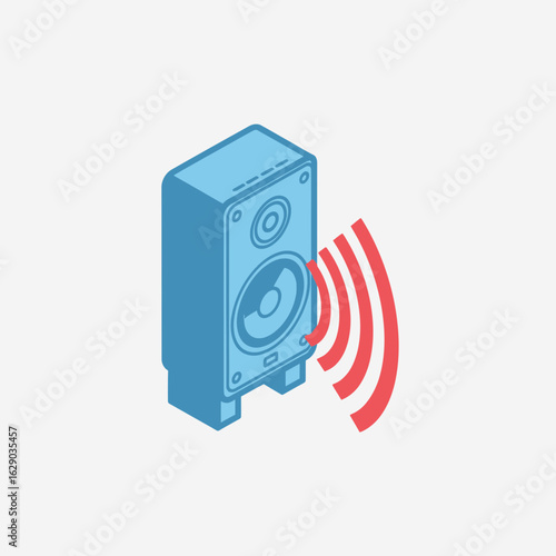 Blue speaker with sound waves emanating from it on a white background.