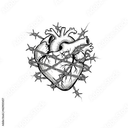 Anatomical heart wrapped in barbed wire with a detailed sketch style and intricate line work present here