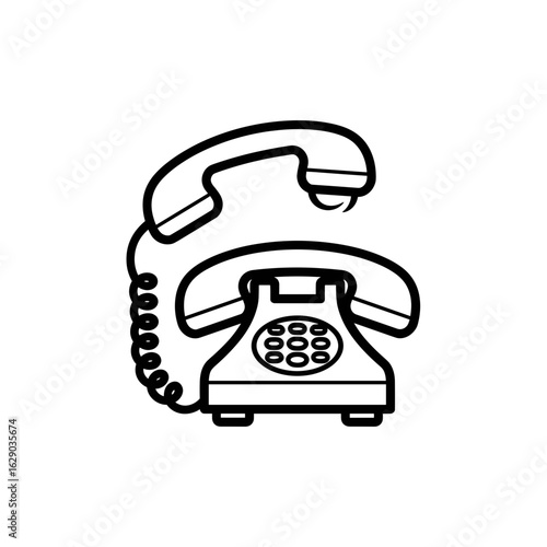 Stylized rendering of a vintage rotary phone with a handset and coiled cord design element present here