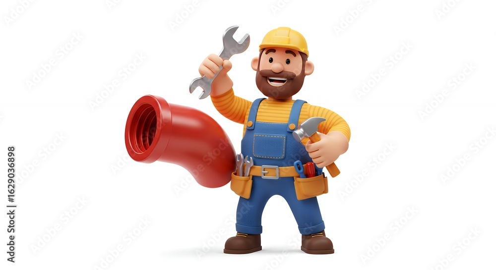 Obraz premium Cartoon construction worker with tools and pipe