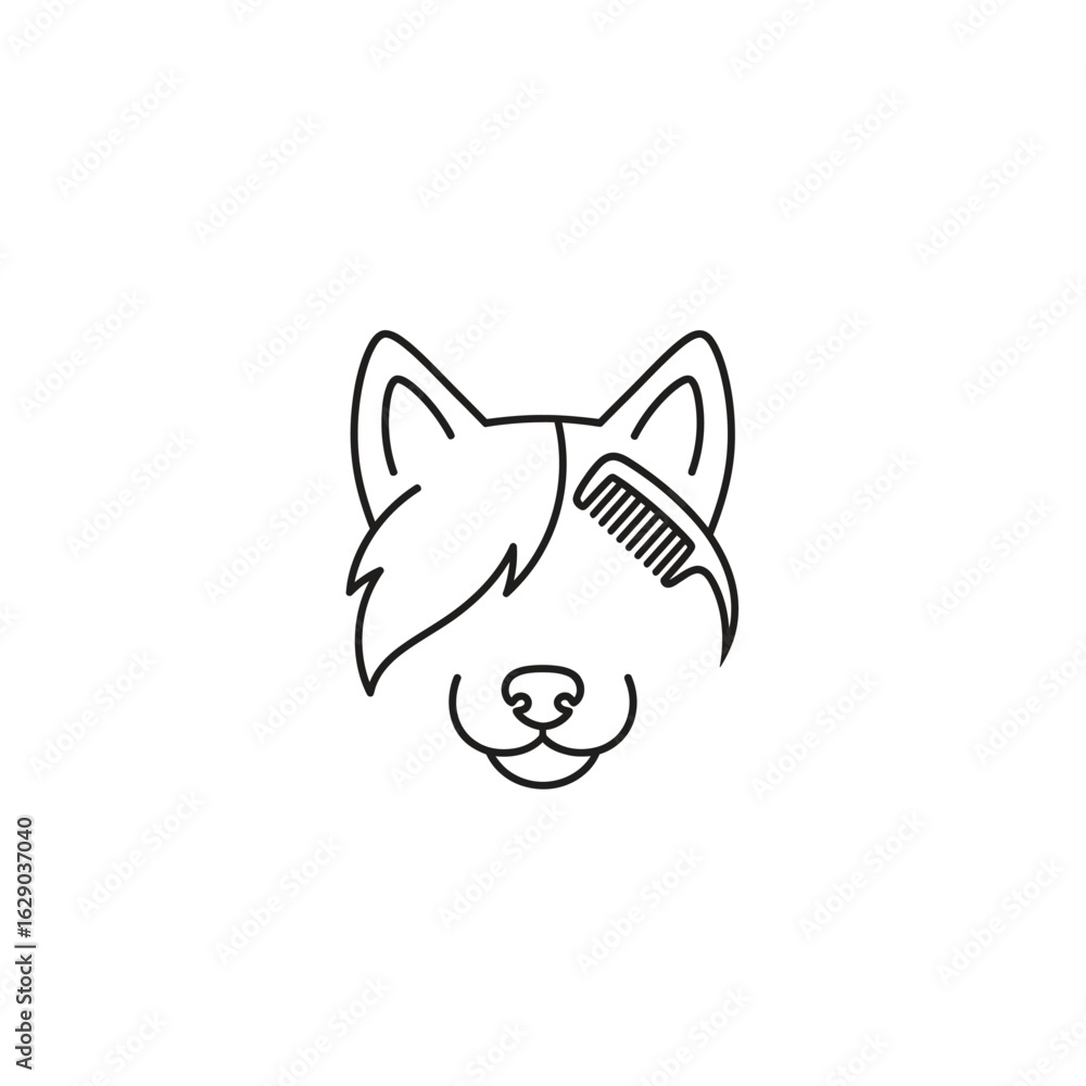 Fototapeta premium Simple line art illustration of a dog's head with a comb, likely for a pet grooming service.