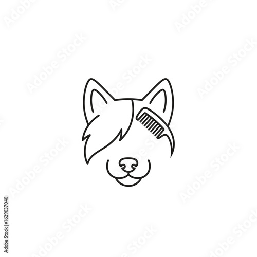 Simple line art illustration of a dog's head with a comb, likely for a pet grooming service.