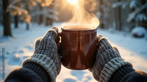 Hands in wool gloves holding hot drink mug in snowy winter forest at sunrise representing warmth and cozy lifestyle
