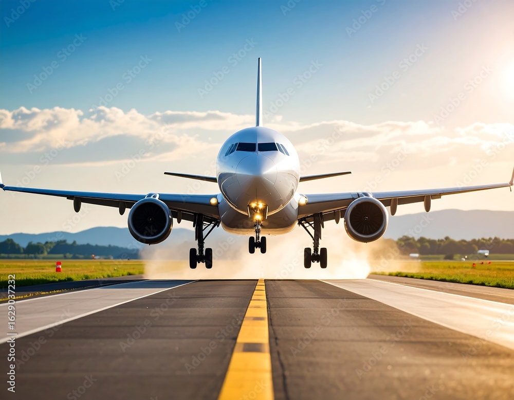 Fototapeta premium Airplane taking off, low angle view, runway, sunlit sky