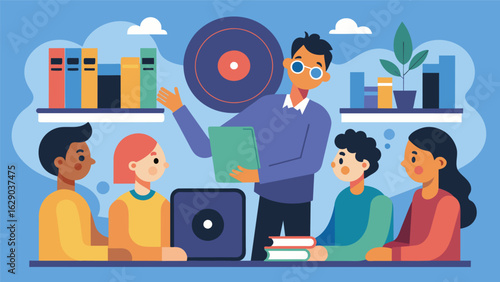 A mentor leads a group of mentees in a lesson on how to properly care for and preserve vinyl records ensuring their longevity. Vector illustration
