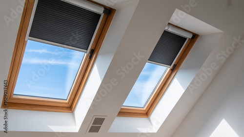 Two modern wooden framed skylights with dark roller blinds against a bright blue sky
