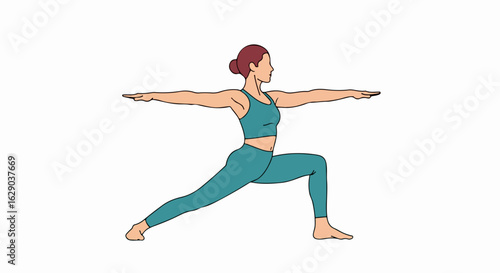 Woman gracefully performs Warrior II yoga pose, promoting strength and balance in a modern wellness setting.