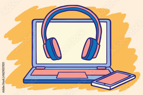 Laptop with Headphones and Smartphone on Abstract Orange Background computer headset