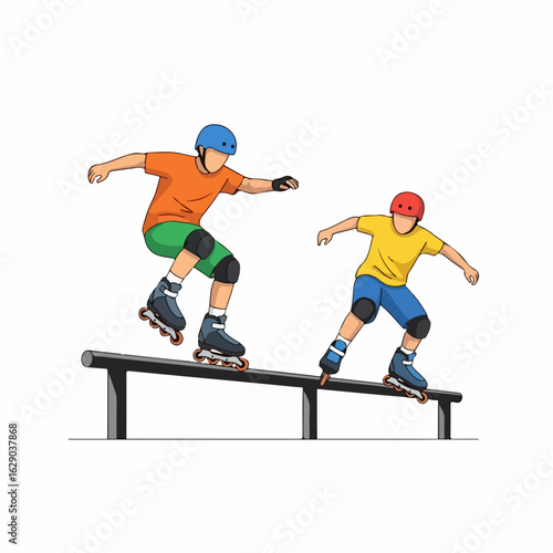 Dynamic duo rollerblading on a rail, enjoying extreme sport action and outdoor recreation