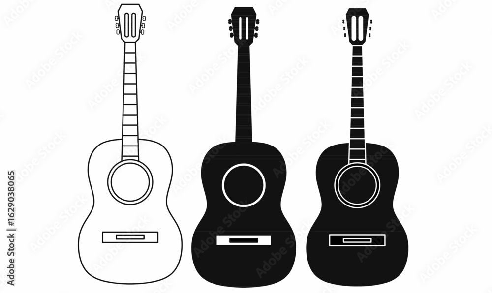 Naklejka premium Set of acoustic guitar icons in outline,silhouette solid black, and inverted styles. Ideal for music themes, logo, apps, infographics, and vector design elements