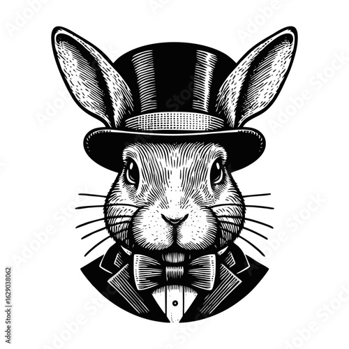 Engraved illustration of a rabbit wearing a top hat, bow tie, and tuxedo jacket, presented in a vintage style.