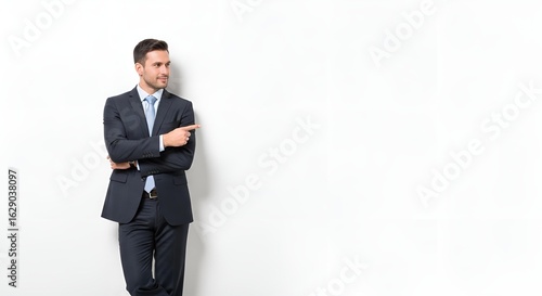 Handsome businessman in suit pointing to copy space isolated on white background