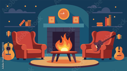 A cozy fireplace surrounded by leather armchairs creates the perfect spot to listen to smooth RB tunes. Vector illustration