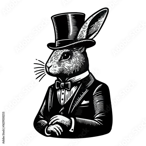 An illustration of a rabbit wearing a tuxedo, bow tie, and top hat, depicted in a detailed black and white engraving style.