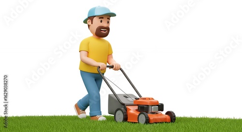 Cartoon man pushing lawn mower
