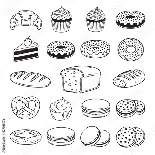 Delicious Bakery Assortment in Black and White Line Art Featuring Croissant Cupcakes Donuts and Bread Variety