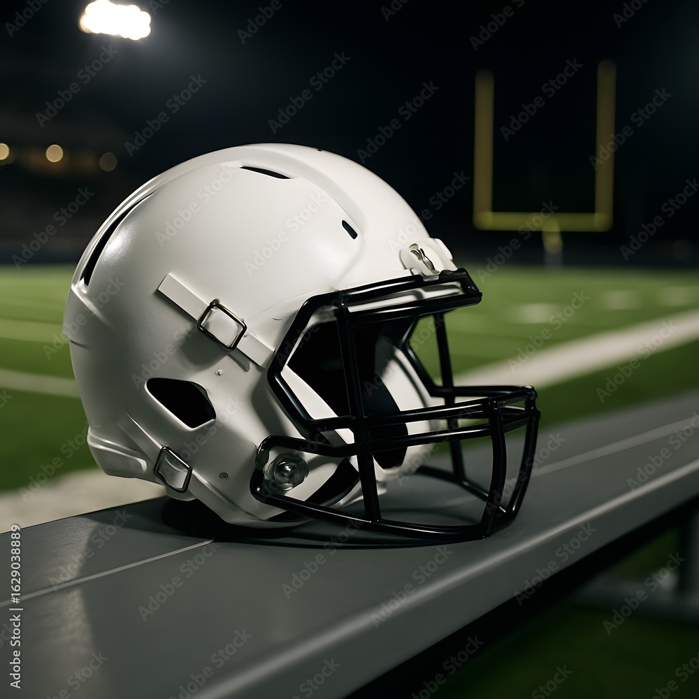 Fototapeta premium White American football helmet resting on a bench with illuminated stadium field in the background at night, symbolizing sports, safety, competition, and team preparation
