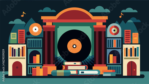 A grand ancient library filled with vinyl record artifacts from different worlds each one holding the secrets to a fantastical story. Vector illustration