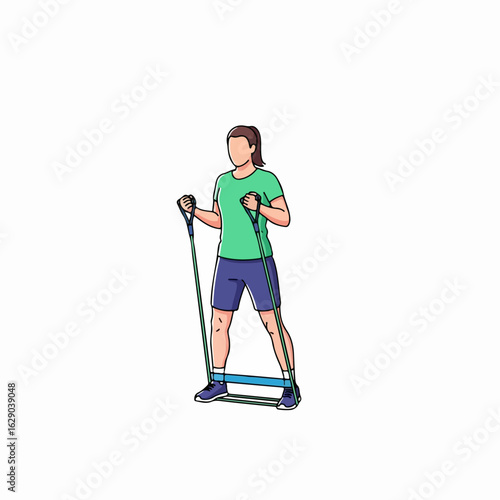 Dynamic woman performing resistance band exercise for full body workout, promoting strength and fitness.