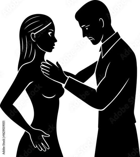 Silhouette illustration of a man touching a woman with a concerned expression and a serious situation