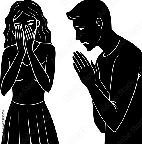 Silhouette illustration of a distraught woman with a pleading man in a black and white design