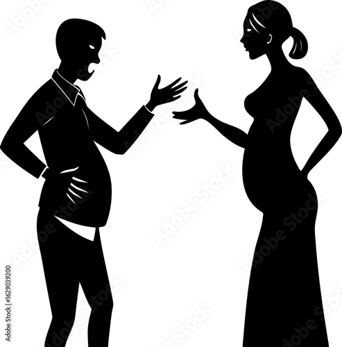 Silhouette of arguing couple with pregnant woman and angry man gesturing with hands facing each other