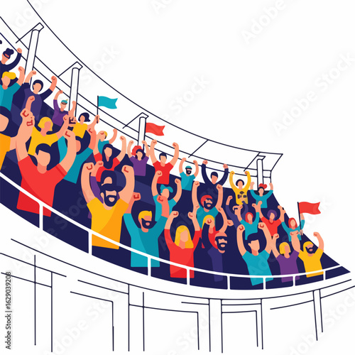 Excited diverse crowd cheering from stadium stands at sports event, vibrant celebration