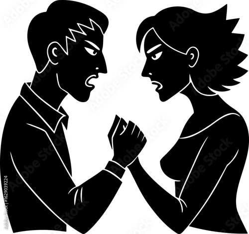 Illustration of a man and a woman facing each other with angry expressions and holding hands tightly
