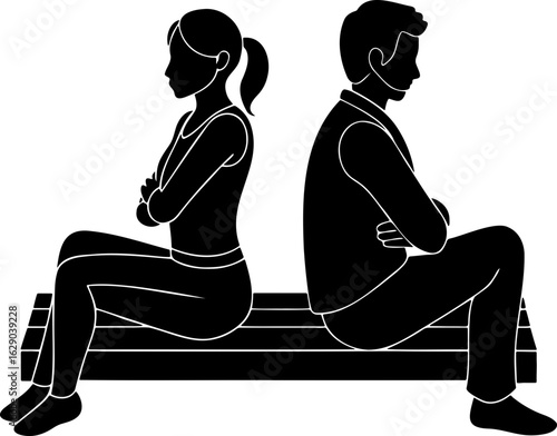 Silhouette of a man and woman sitting back to back with arms crossed on a bench in black and white style
