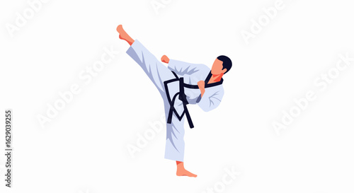 Dynamic martial artist executes powerful high kick in crisp white uniform, showcasing discipline and athleticism.