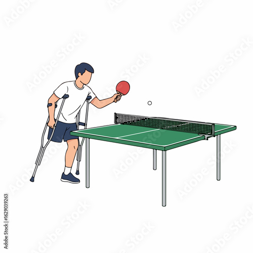 Determined athlete with crutches plays table tennis, showcasing resilience and adaptive sports spirit