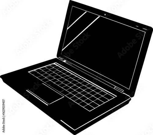 Illustration of an open laptop with a dark screen keyboard and trackpad on a white background surface view