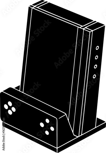 Illustration of a black game console dock with controller ports and ventilation holes in isometric view