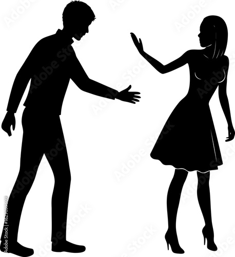 Silhouette of a man reaching out to a woman who is holding her hand up in a stop gesture pose scene