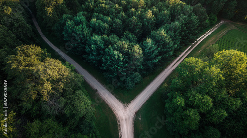 Aerial view of a forest trail splitting into two paths, symbolizing choices and nature.