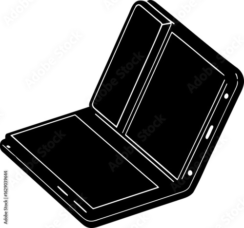 Illustration of a foldable smartphone in black and white with a unique hinge design display screen open
