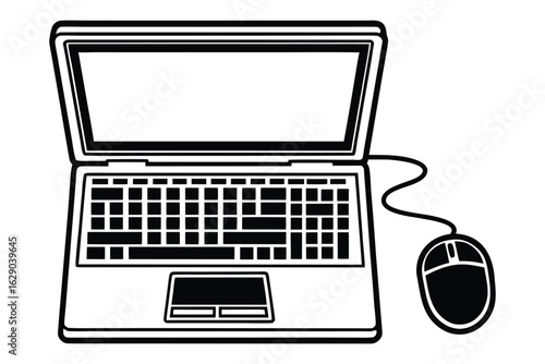 Open laptop computer with a wired mouse on a white background technology screen