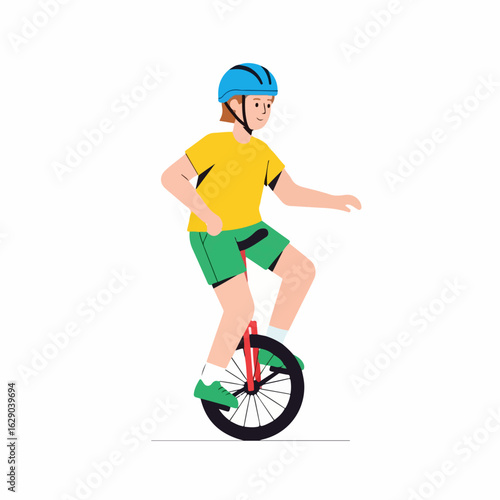 Joyful child mastering unicycle skills with focused determination and a bright helmet for safety.