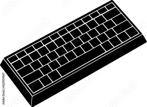 A black and white illustration of a compact keyboard showing the key layout and the keyboard frame