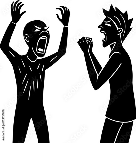 Two figures in silhouette expressing anger and frustration through shouting and aggressive gestures shown
