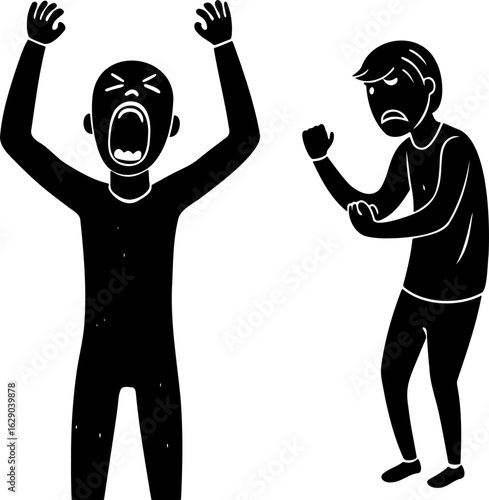 Two figures displaying contrasting emotions one shouting with arms raised the other defensive and wary