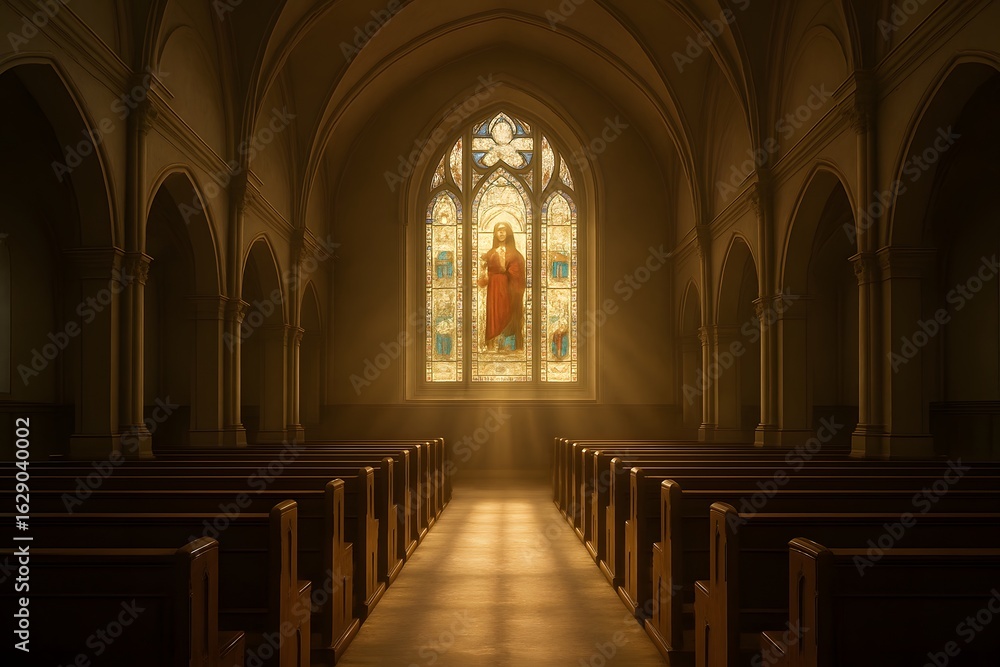 Obraz premium Peaceful interior of a historic church with sunlight streaming through a large stained glass window depicting Jesus, creating a serene atmosphere of faith, spirituality, and sacred architecture