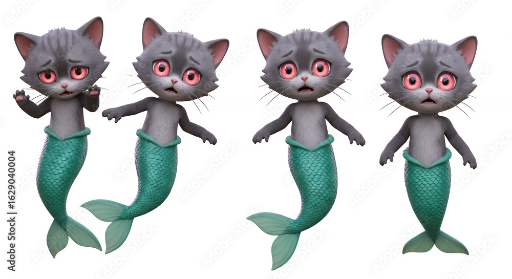 Fototapeta premium Cute cartoon cat mermaids in different poses