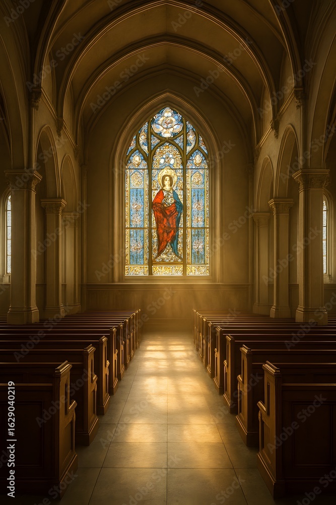 Fototapeta premium Peaceful interior of a historic church with sunlight streaming through a large stained glass window depicting Jesus, creating a serene atmosphere of faith, spirituality, and sacred architecture