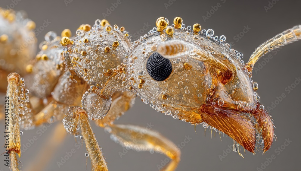 Fototapeta premium Close-up macro of an ant covered in water droplets