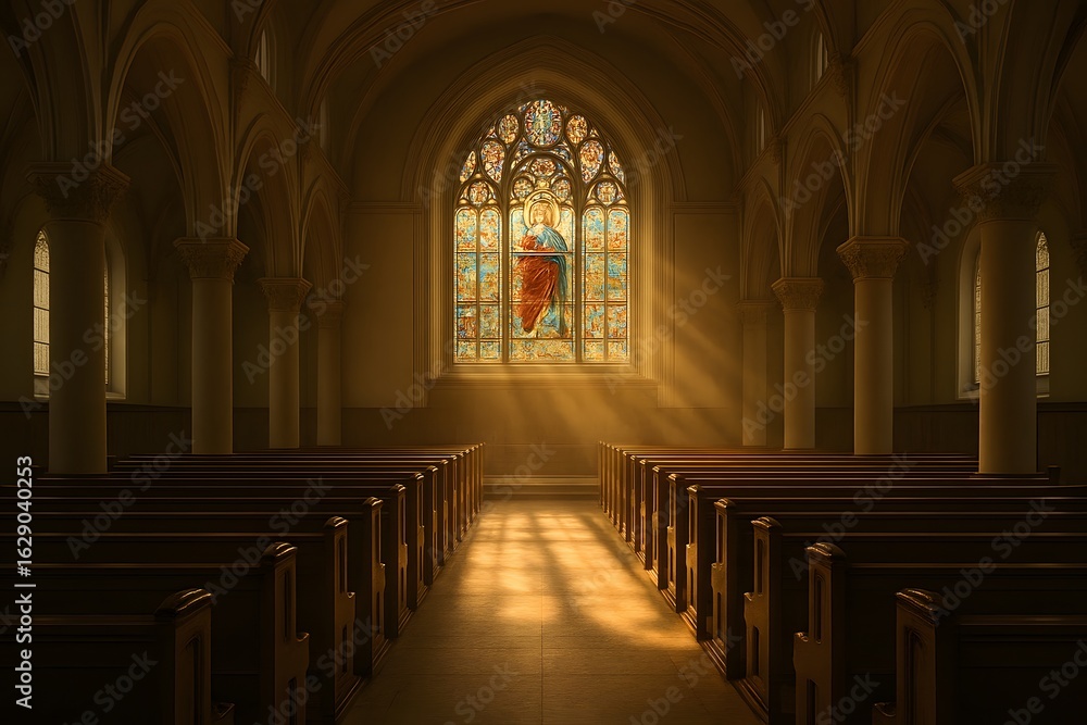 Obraz premium Peaceful interior of a historic church with sunlight streaming through a large stained glass window depicting Jesus, creating a serene atmosphere of faith, spirituality, and sacred architecture