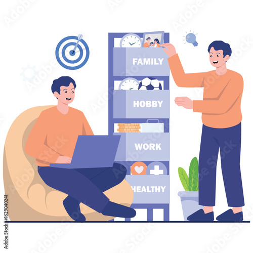 Work Life Balance Illustration. Vector illustration of Two people managing tasks and prioritizing family, hobbies, work, and health in daily life. Isolated on background