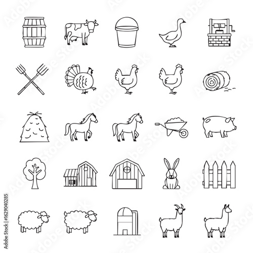 Collection of farm animals and related items farm life elements in vector illustration rural lifestyle icons